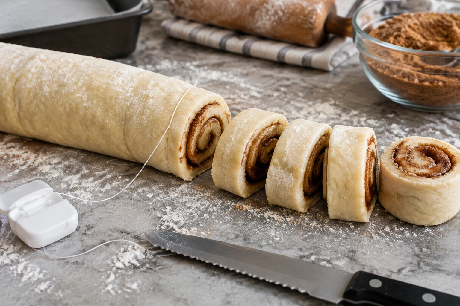 Rolled cinnamon dough log being sliced into even pieces