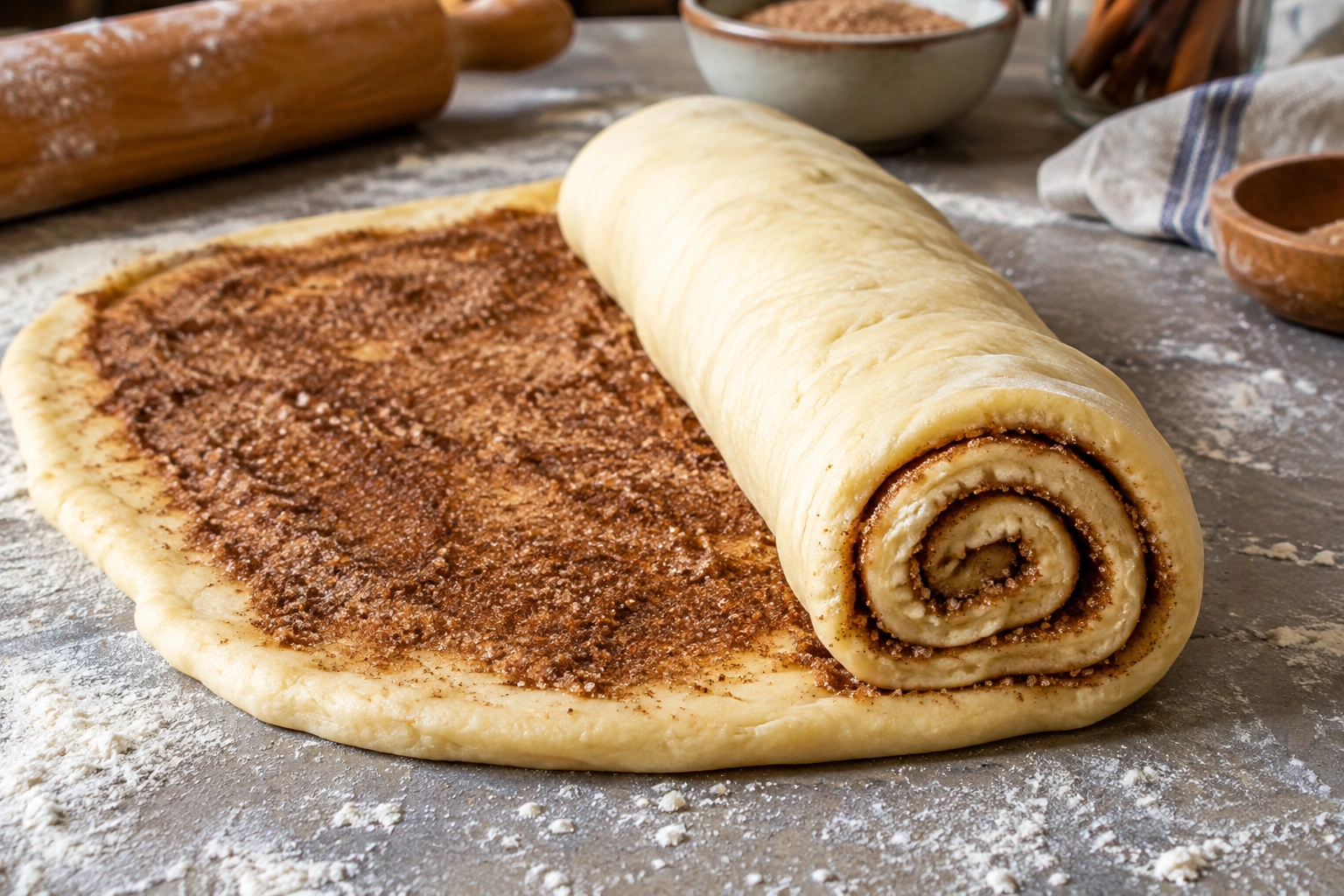 Hands rolling yeast dough with cinnamon sugar filling into a loaf