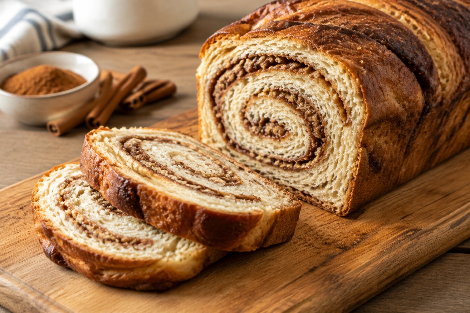 Sliced cinnamon swirl bread loaf on a cutting board
