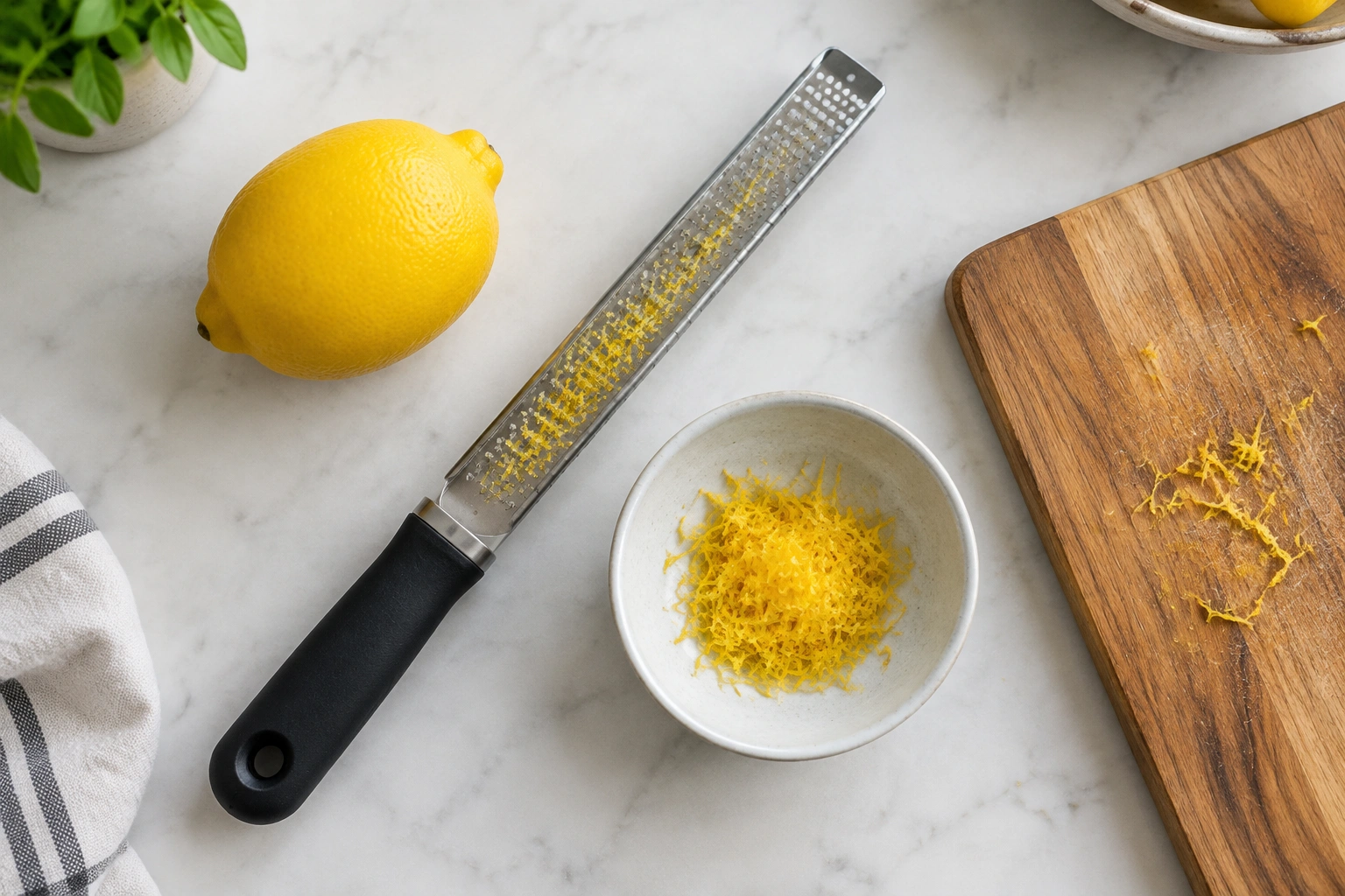 Citrus zester and lemon on a cutting board for safe zesting