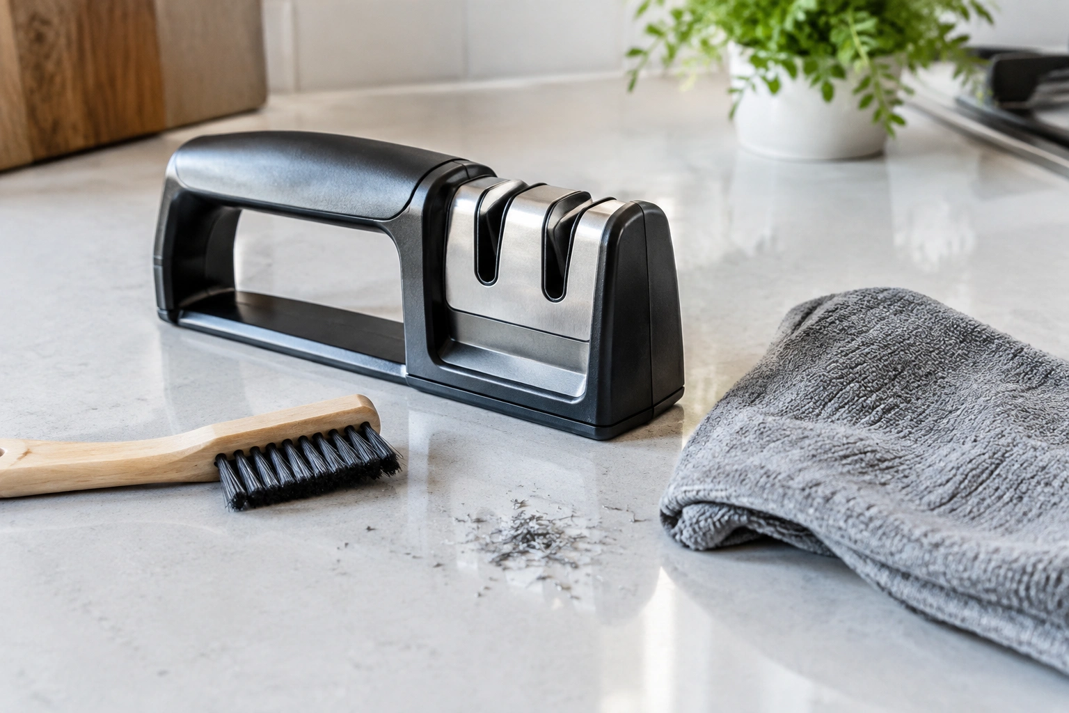 Close-up of a clean knife sharpener and soft brush on a kitchen counter