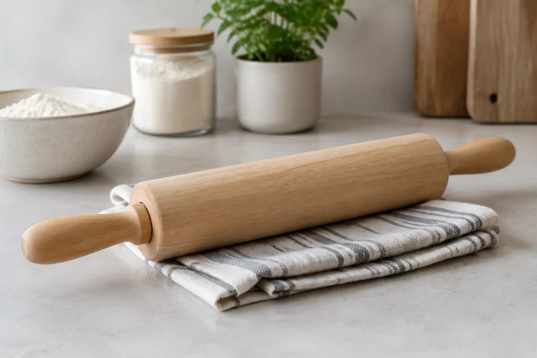 Wooden rolling pin resting on a towel after cleaning