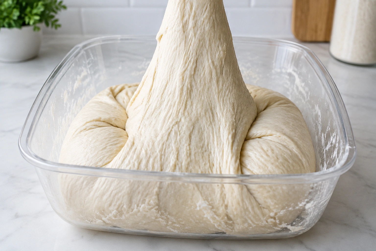 Bread dough being gently lifted and folded in a container