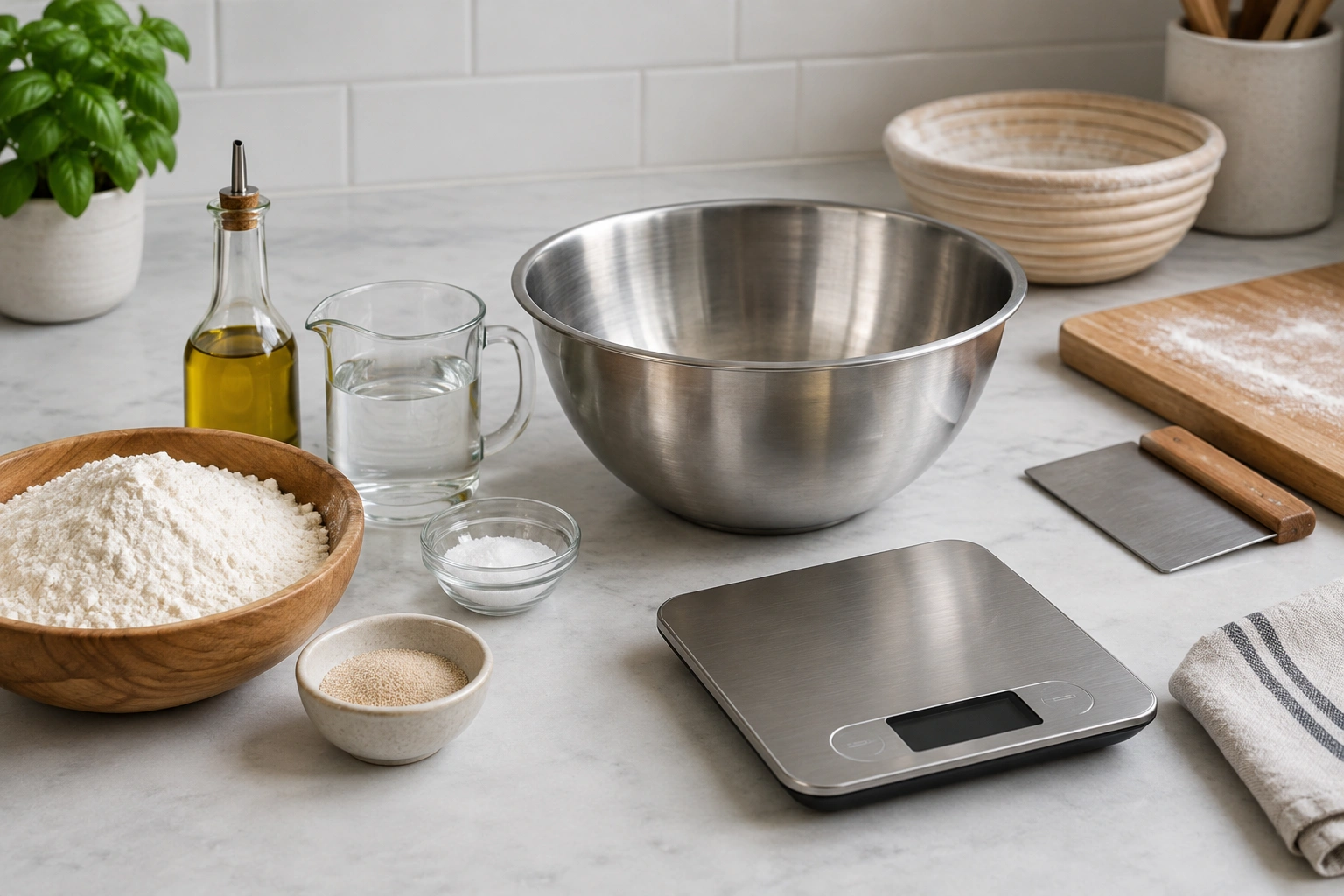 Pizza dough ingredients and tools on a work surface