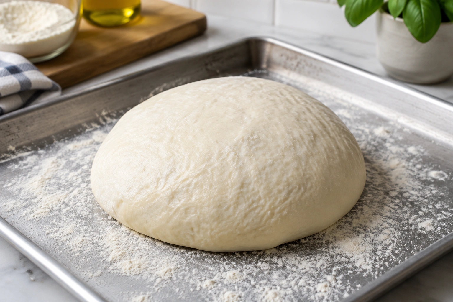 Rested pizza dough ball on a lightly floured surface