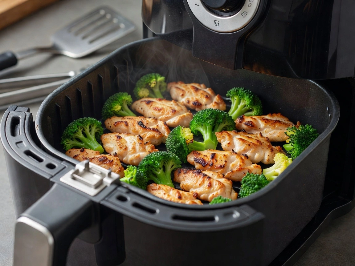 Air fryer basket with vegetables and chicken arranged in a single layer