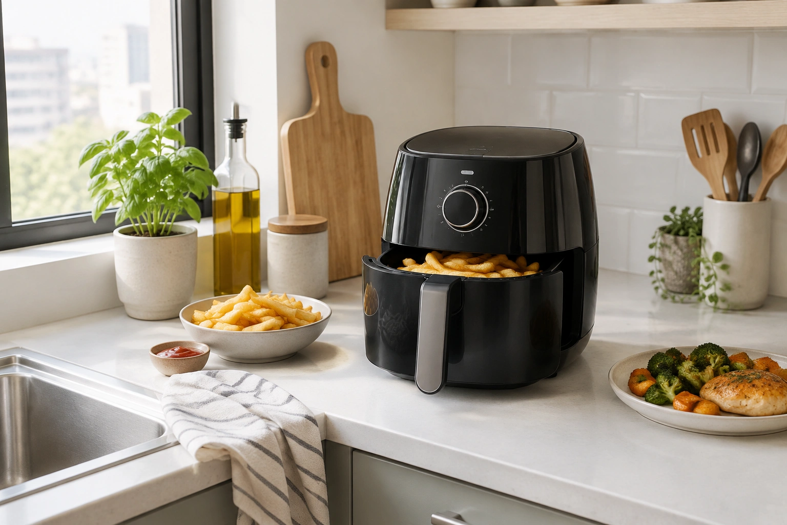 Compact air fryer on a small kitchen counter