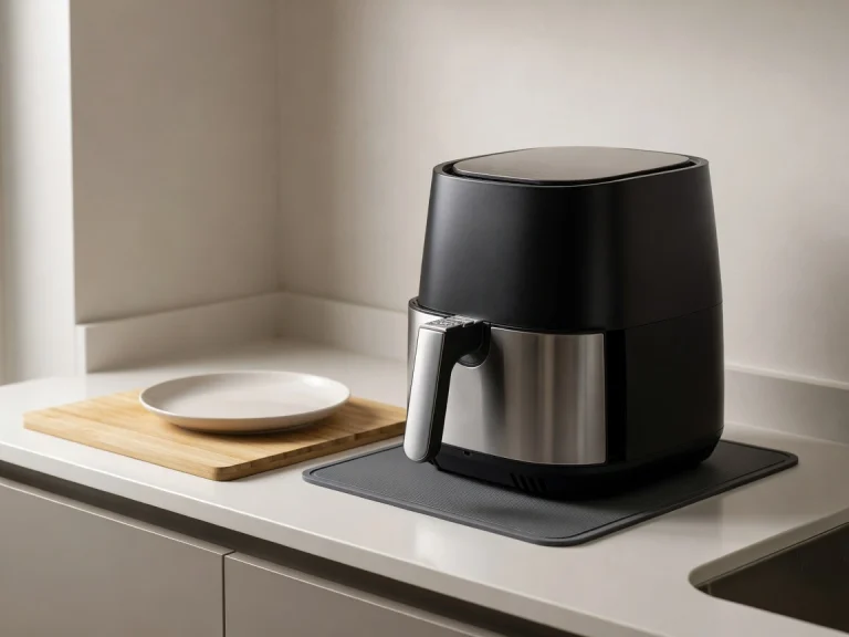 Compact air fryer on a small kitchen counter with clear space around it