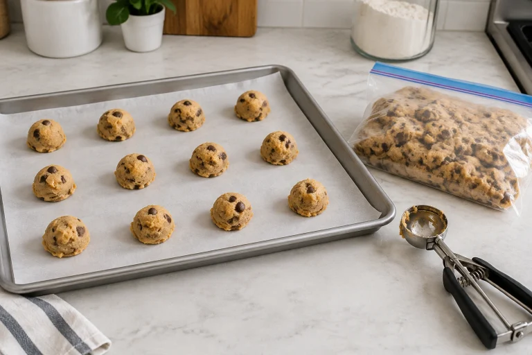 Cookie dough balls on parchment paper ready for freezing