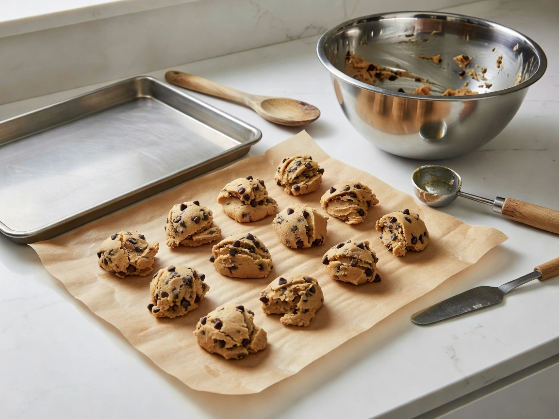 Cookie dough portions on parchment beside a baking sheet and mixing bowl.