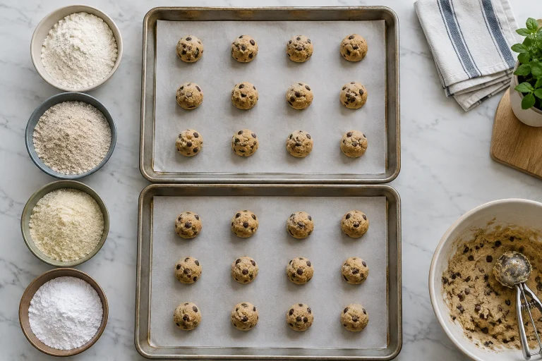 Cookie dough portions arranged on baking sheets for a flour comparison test