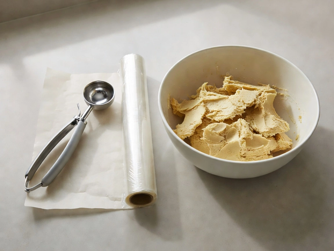 Cookie scoop, parchment paper, and plastic wrap on a counter