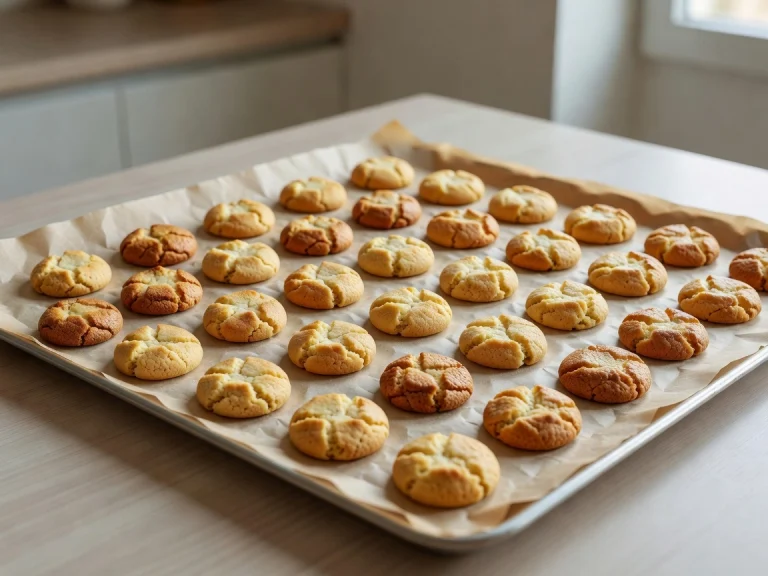 Parchment-lined baking sheet with cookies spaced apart for even baking