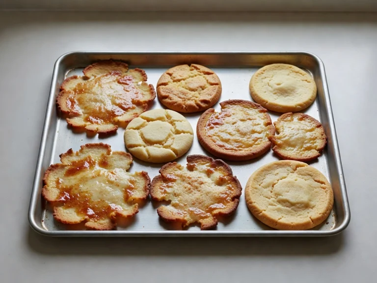 Over-spread homemade cookies on a baking sheet.