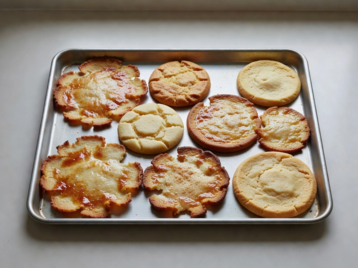 Over-spread homemade cookies on a baking sheet.