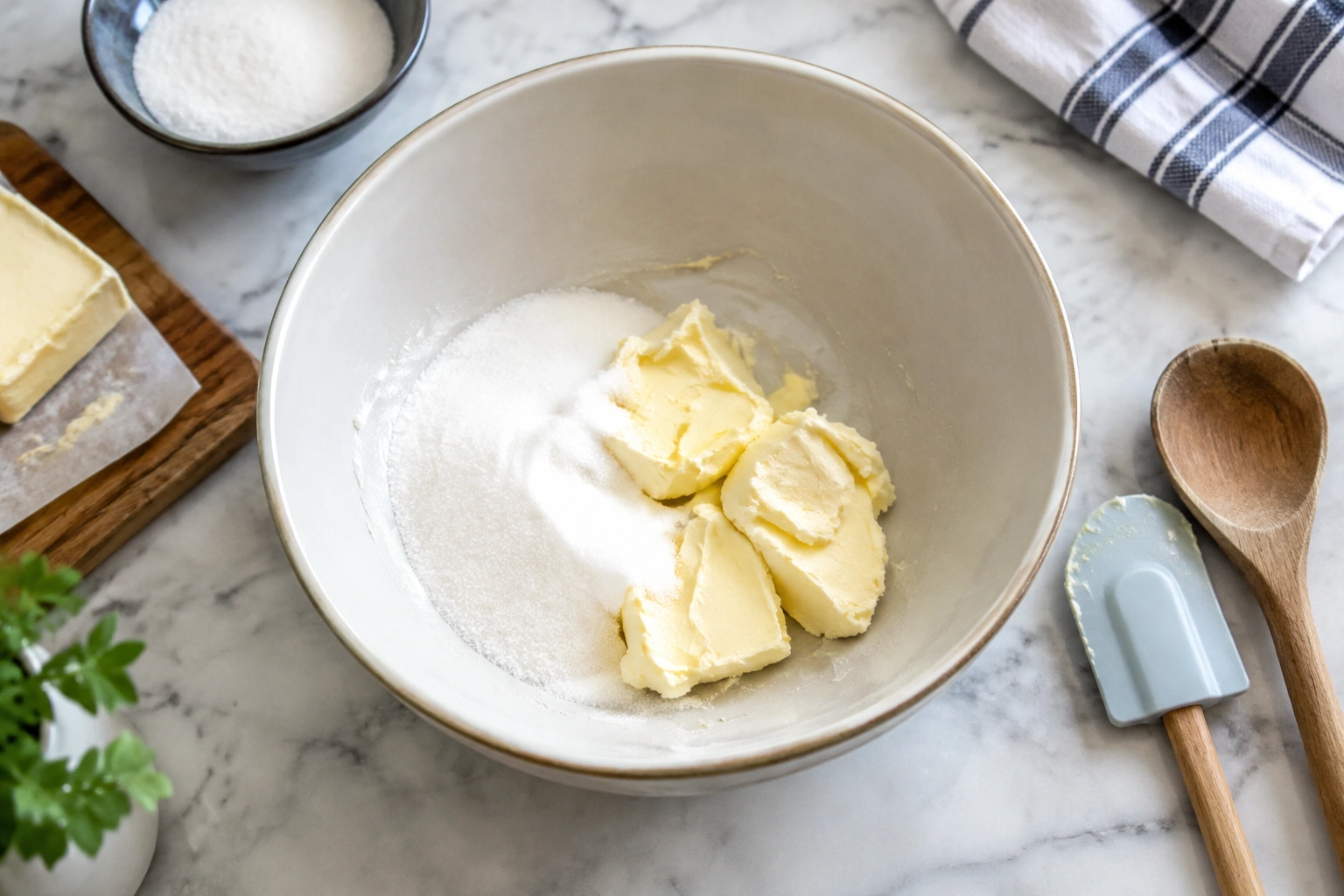 Mixing bowl with softened butter, granulated sugar, and a wooden spoon on a kitchen counter