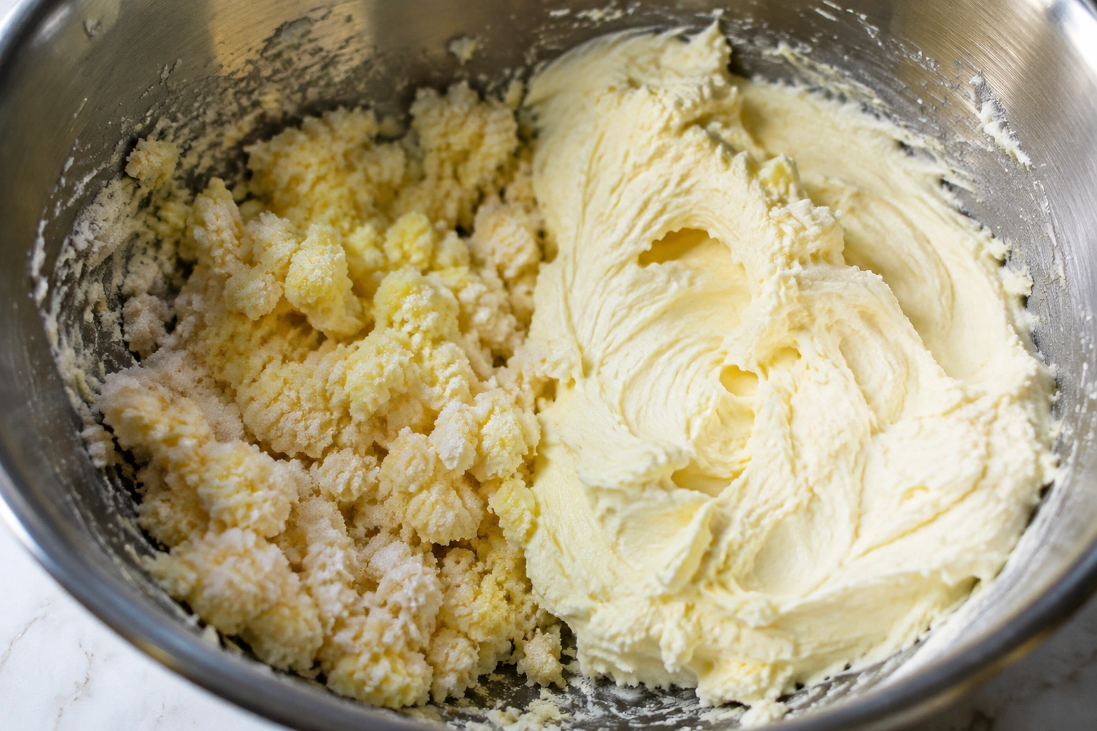 Close-up of butter and sugar mixture becoming pale and fluffy in a mixing bowl