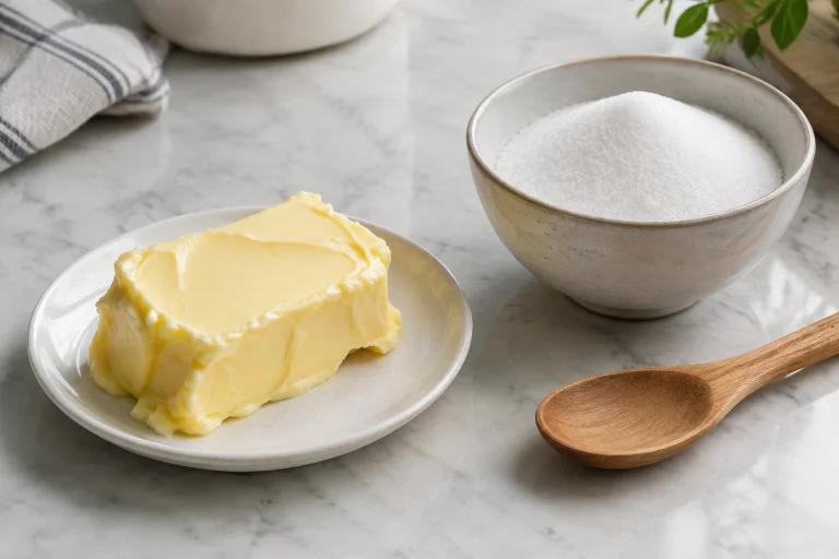 Block of softened butter on a plate beside granulated sugar and a spoon