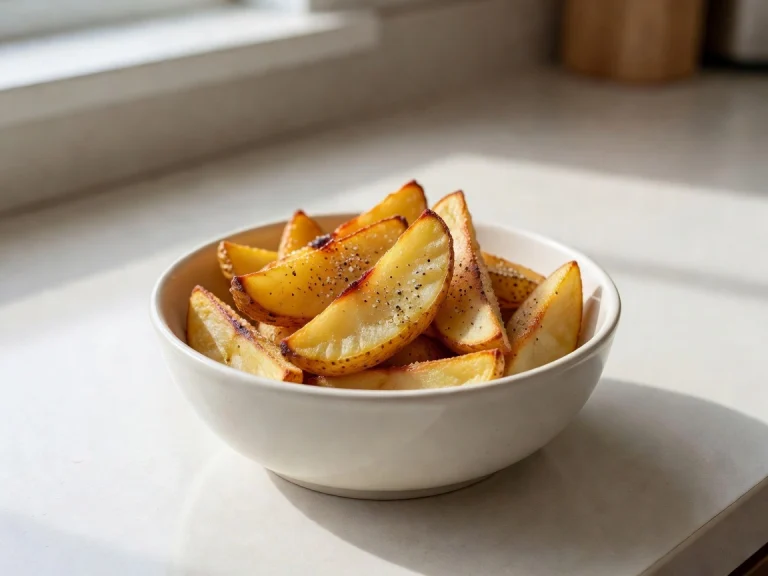 Bowl of golden air fryer potato wedges