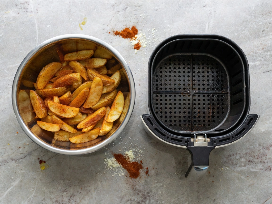 Tray of seasoned potato wedges before air frying