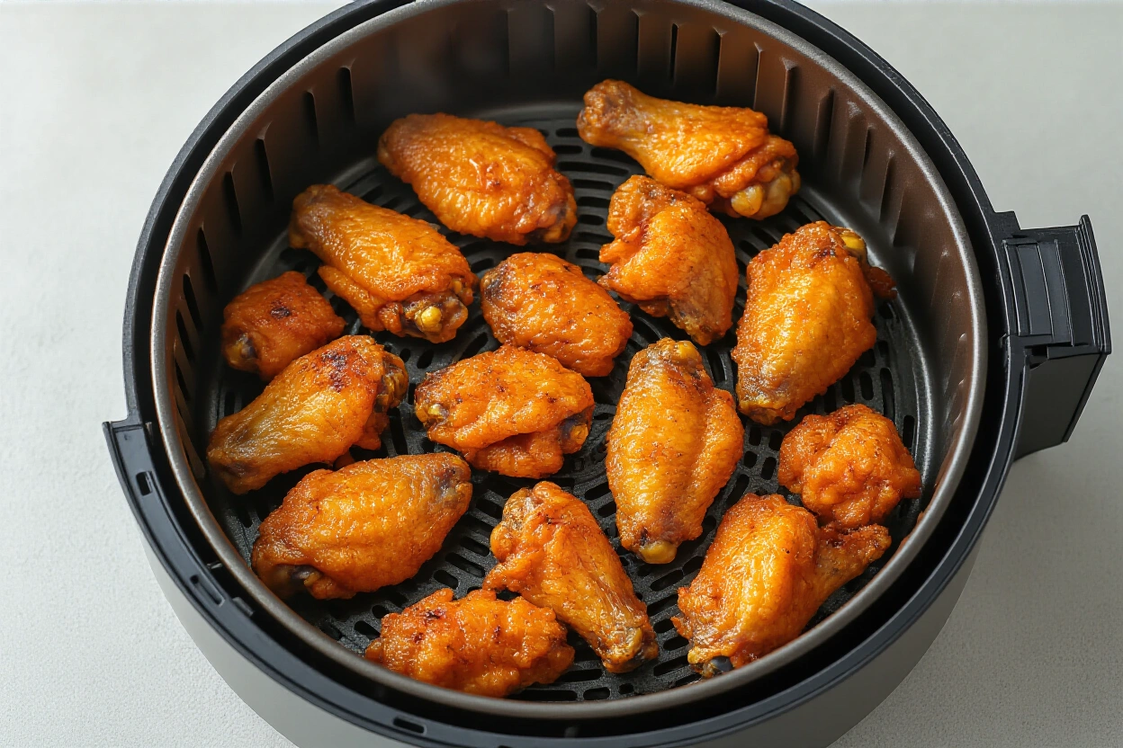 Crispy golden chicken wings in an air fryer basket