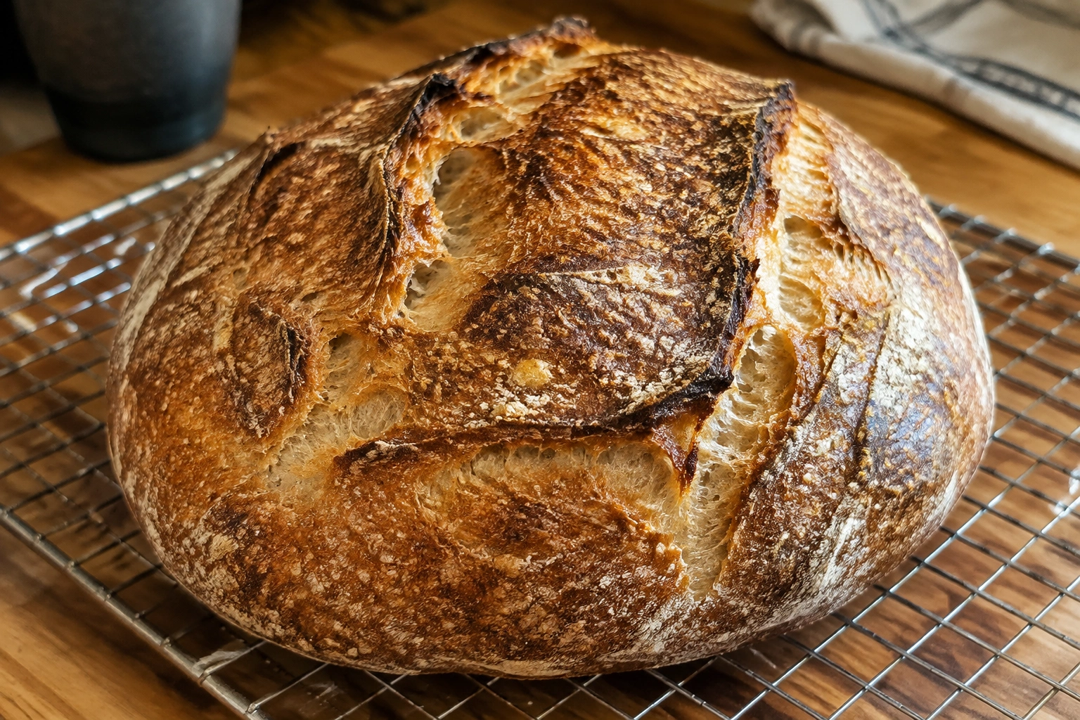 Close-up of a deeply browned artisan loaf with crackled crust on a cooling rack