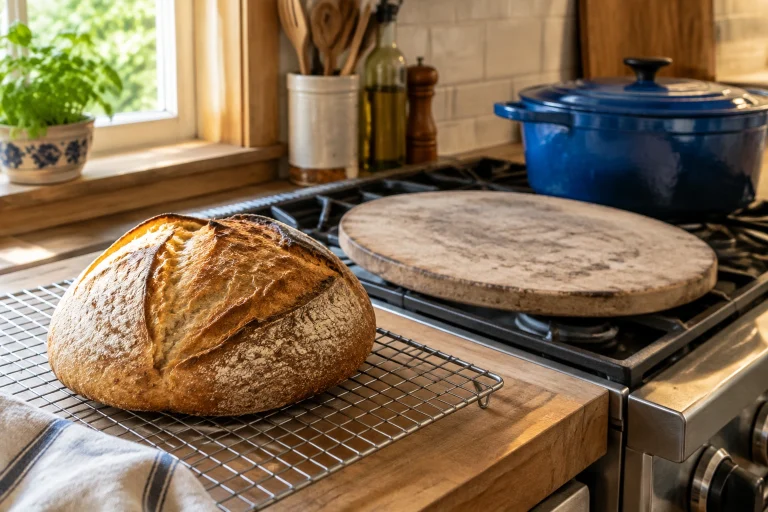 Rustic loaf cooling on a rack beside a baking stone and Dutch oven