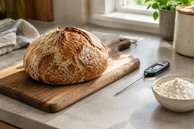 Bread troubleshooting scene with loaf, flour, and thermometer on a counter