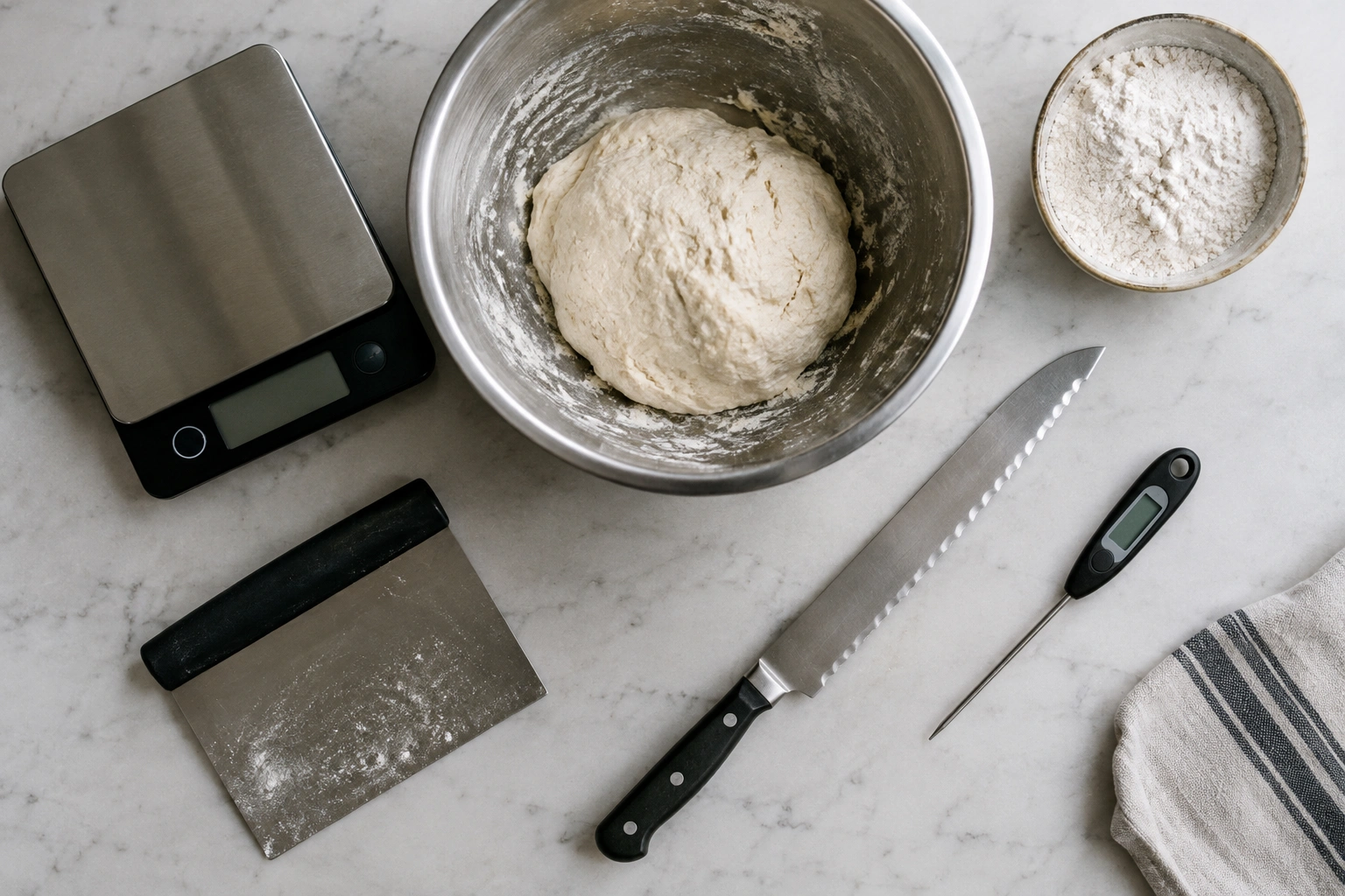 Bread baking tools including scale, mixing bowl, and thermometer on a kitchen counter