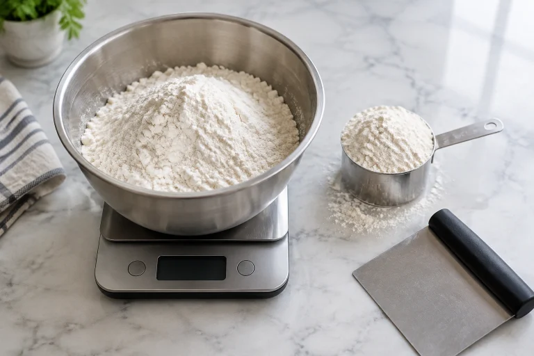 Digital kitchen scale holding a bowl of flour beside a filled dry measuring cup on a countertop