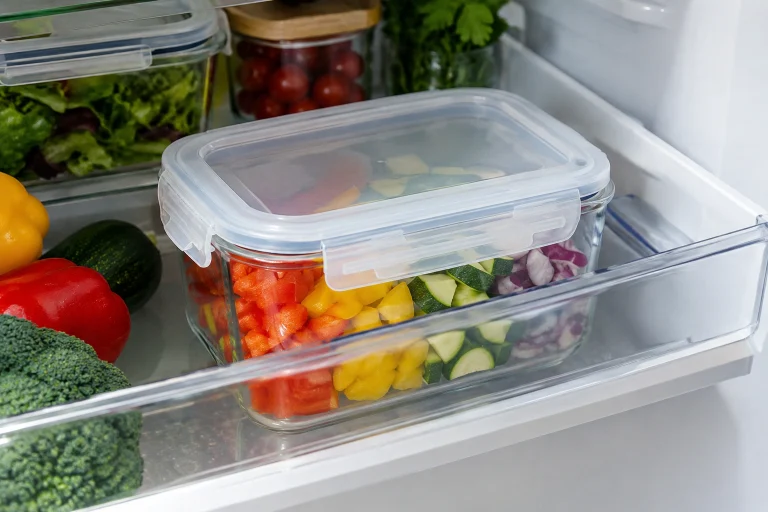 Covered container with chopped vegetables stored in a refrigerator drawer