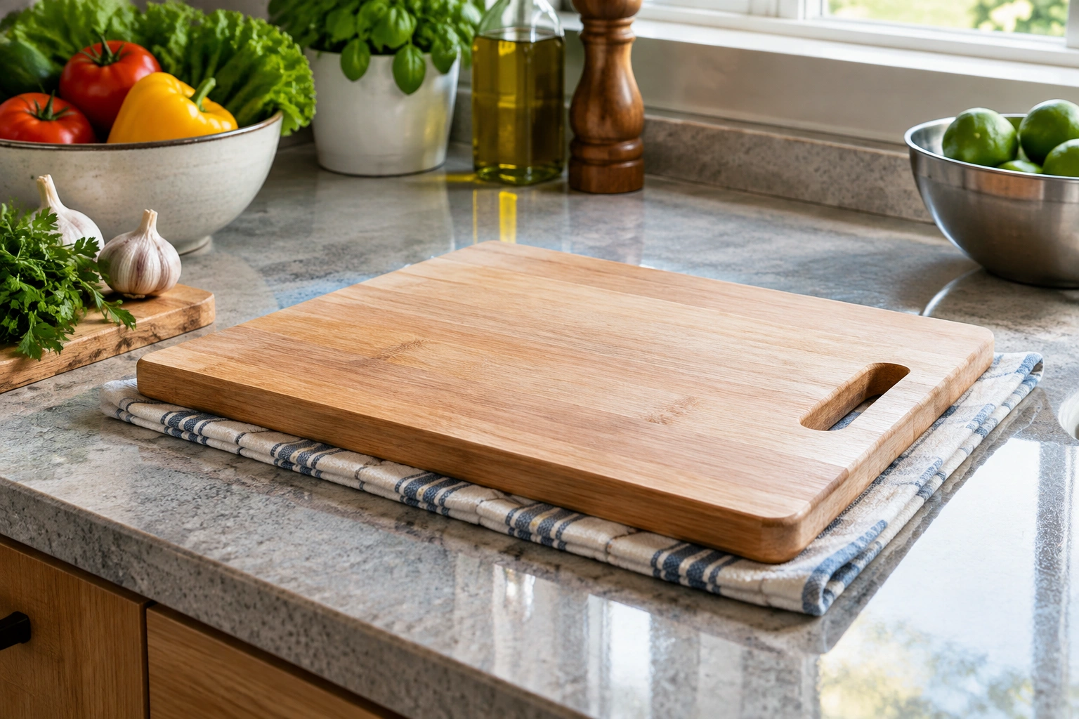 Cutting board stabilized on a countertop with a damp towel underneath