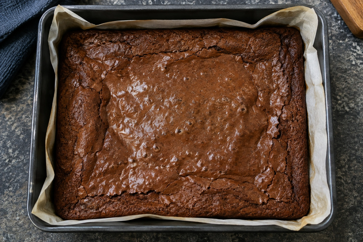 Brownies in a dark metal pan with set edges and a slightly soft center