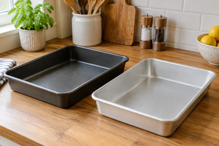 Comparison of dark metal pan and light-colored metal pan on a baking rack