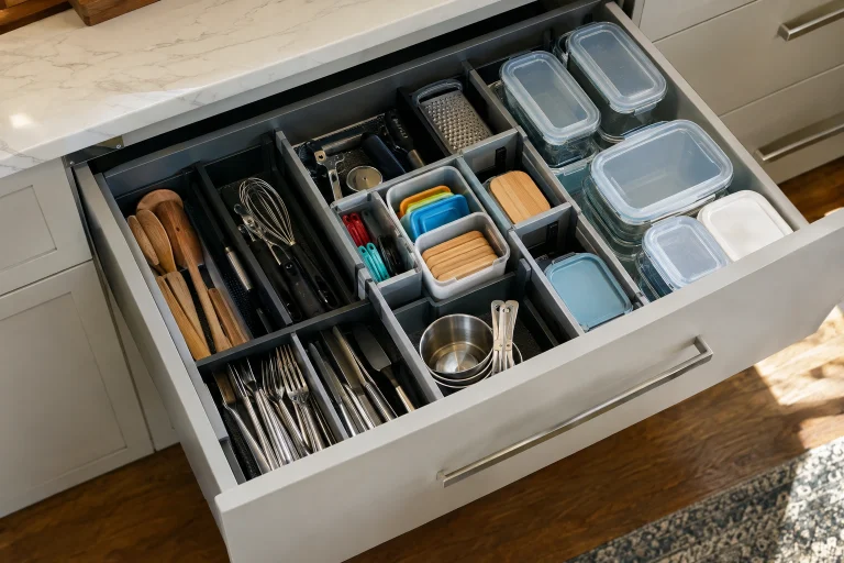 Deep kitchen drawer organized with bins and dividers for utensils and containers