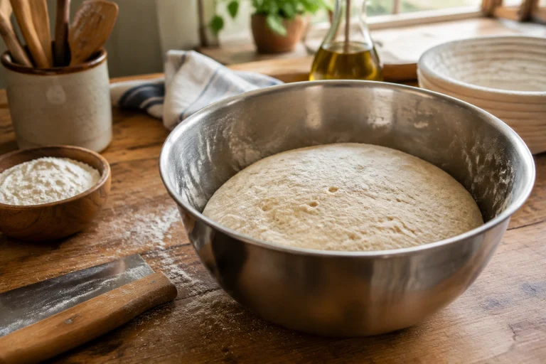 Baker checking dough texture in a mixing bowl