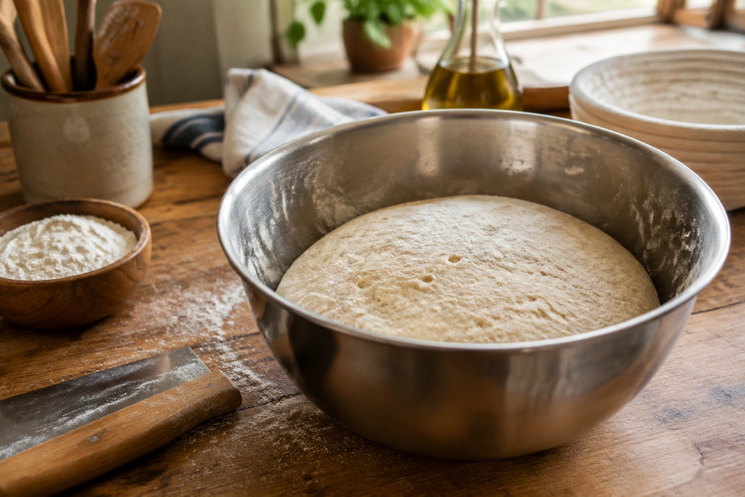 Baker checking dough texture in a mixing bowl