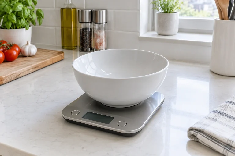 Digital kitchen scale with a bowl on top on a clean countertop