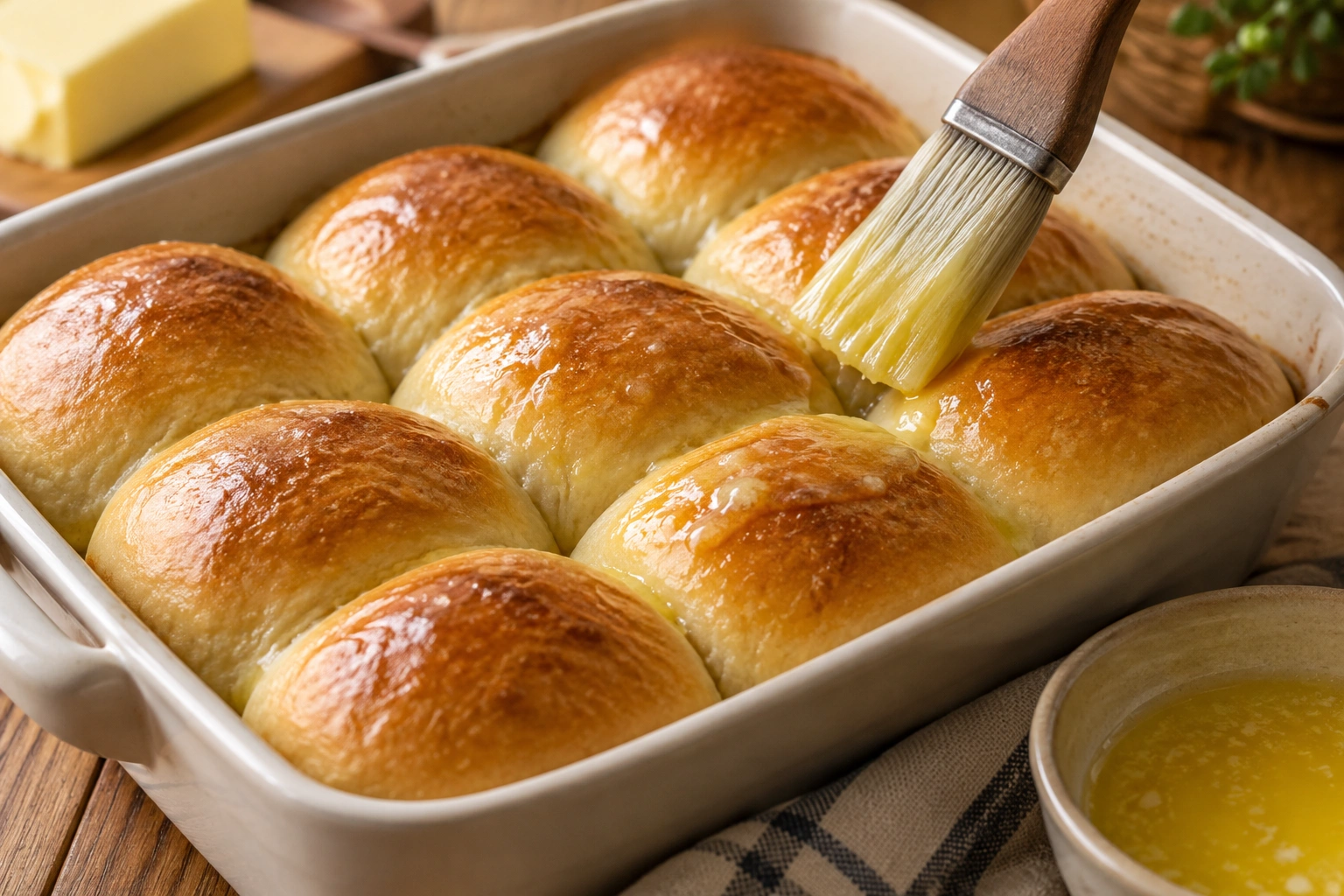 Golden dinner rolls brushed with melted butter