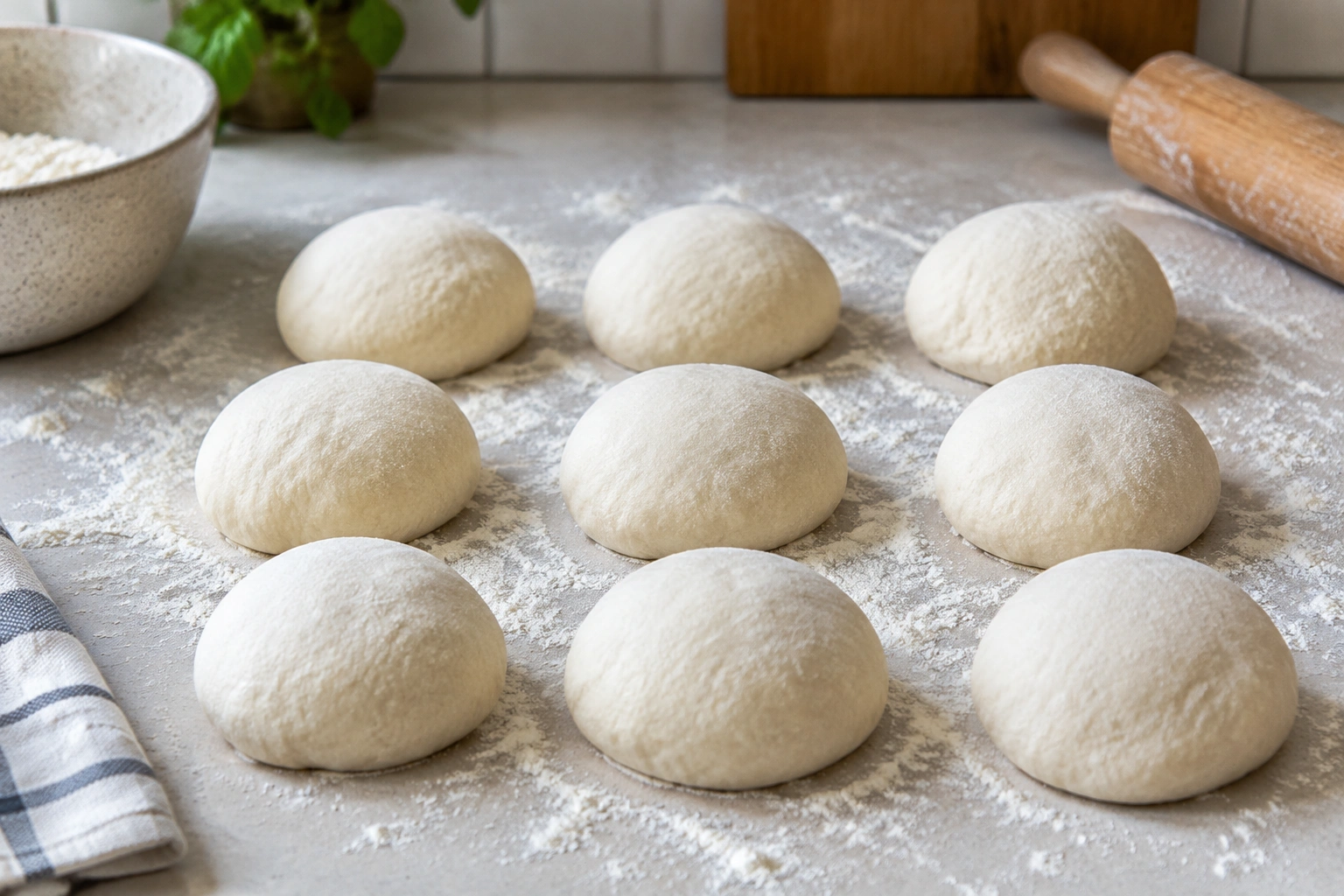 Dough balls on a floured counter ready for shaping