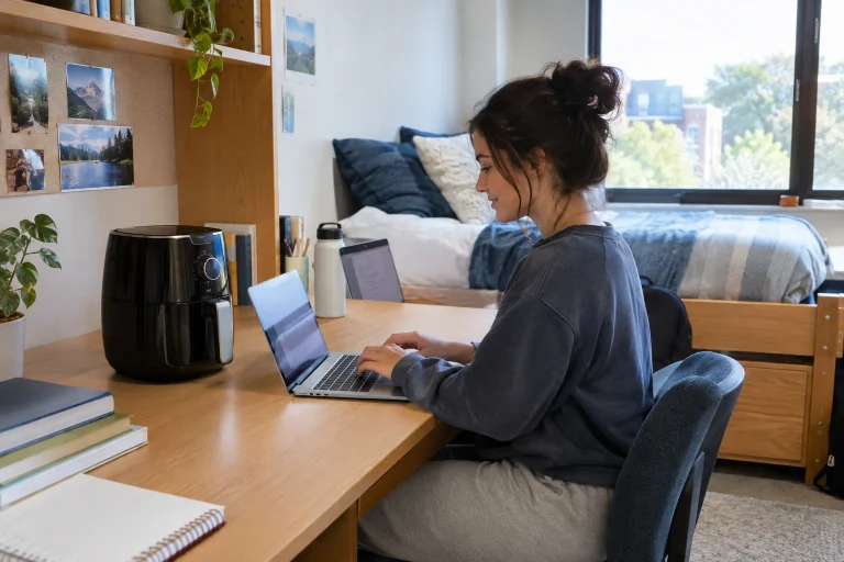 Compact air fryer on a dorm desk with safety clearance