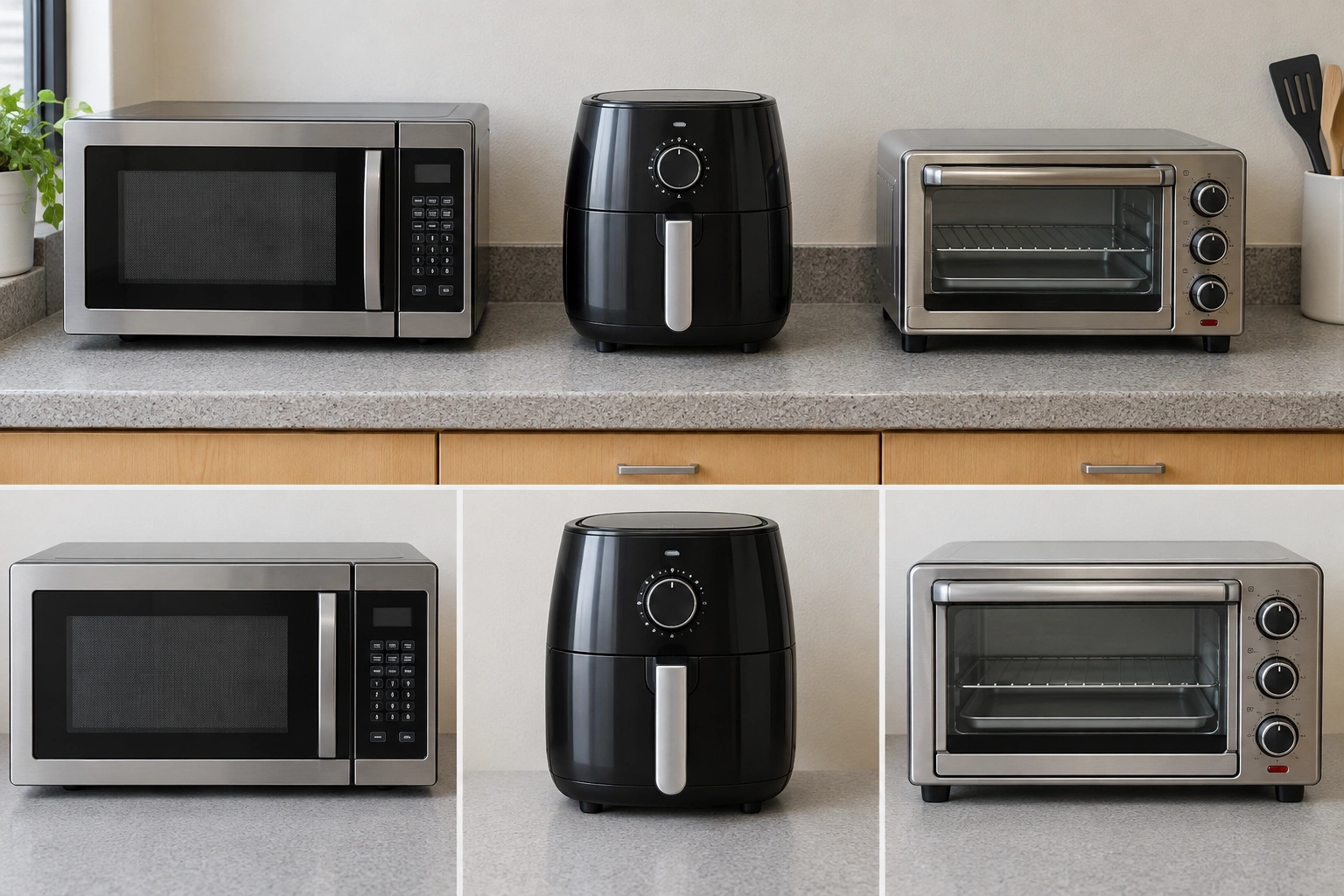 Dorm appliance comparison including microwave, mini air fryer, and toaster oven