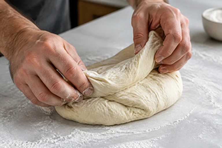 Hands folding bread dough on a work surface