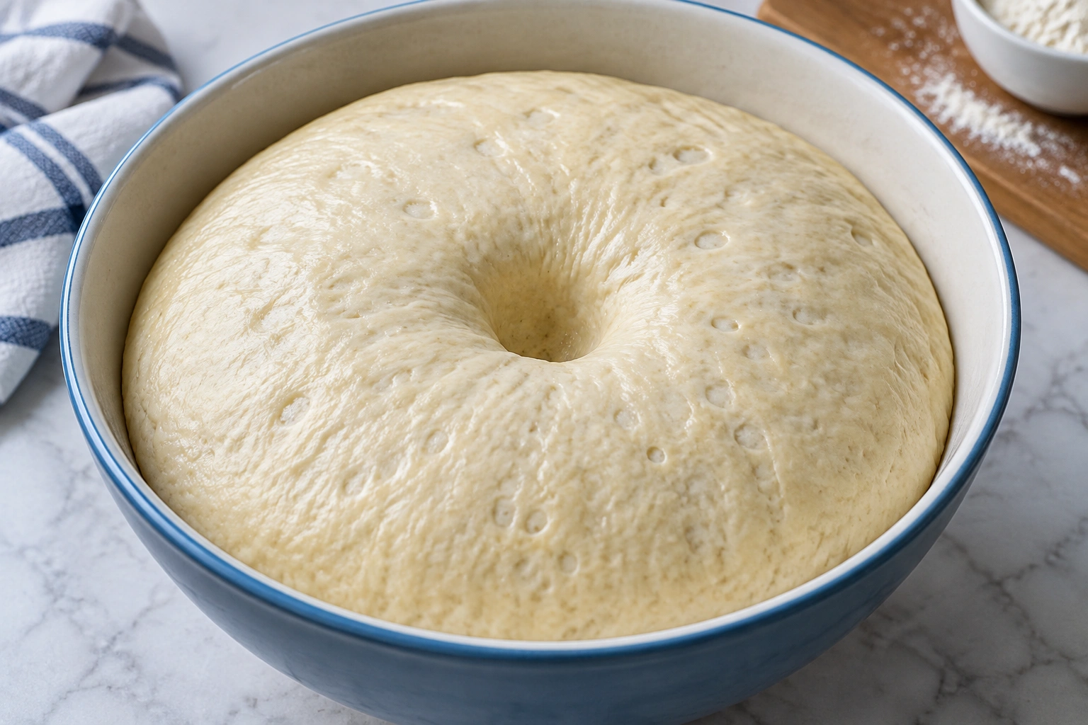 Close-up of proofed dough showing a fingertip indentation