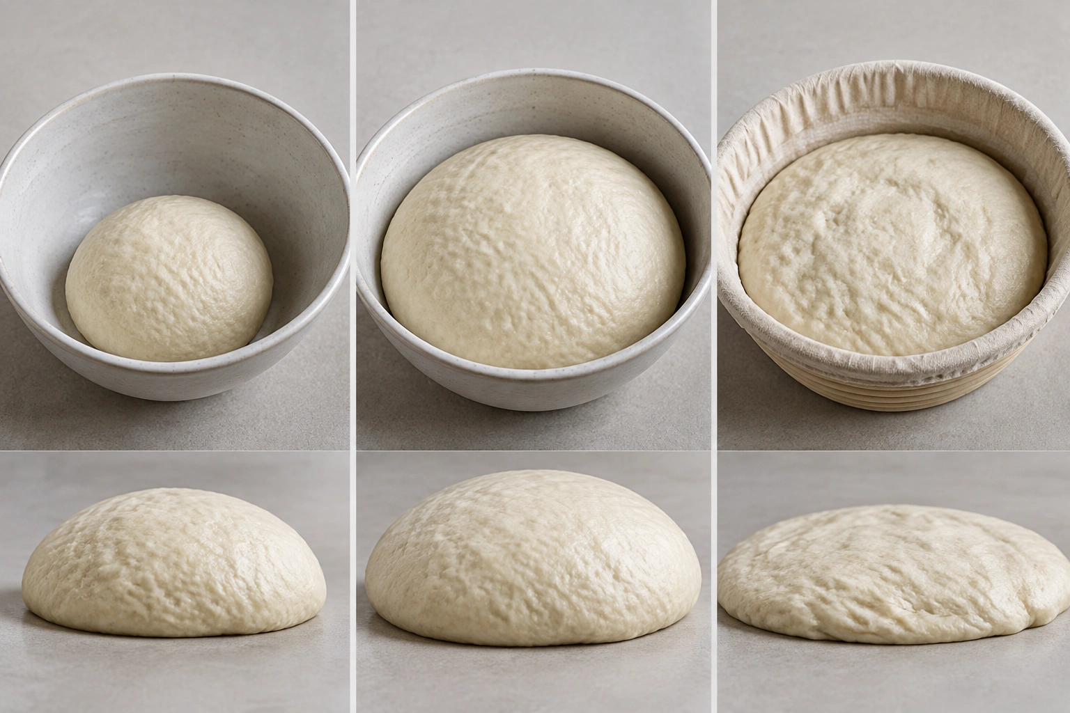 Three dough portions showing different proofing stages