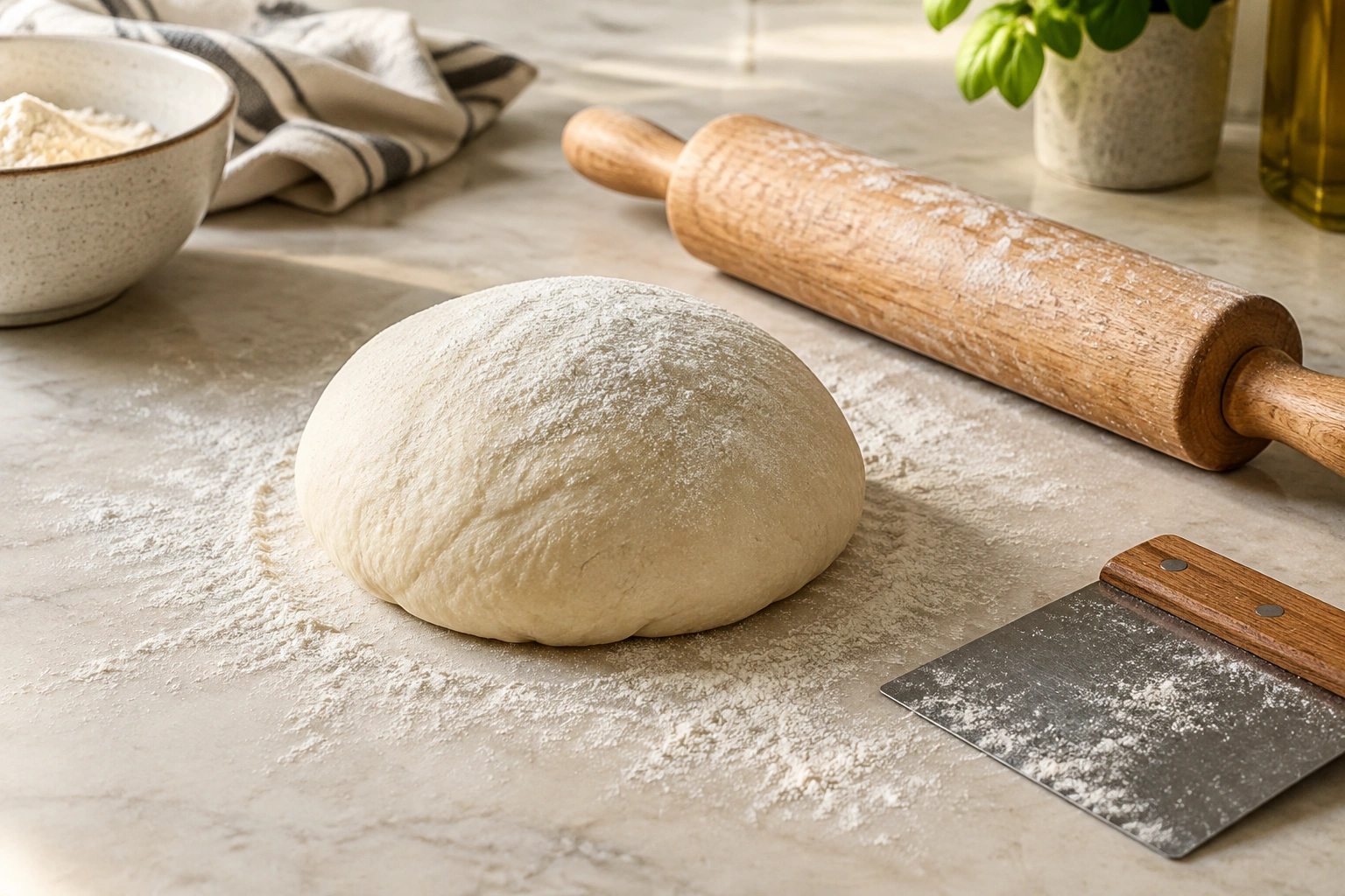 Close-up of a dough ball resting on a floured surface beside a rolling pin