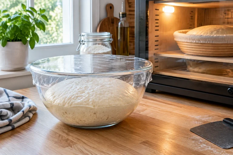 Covered bowl of yeast dough rising in a warm kitchen setup