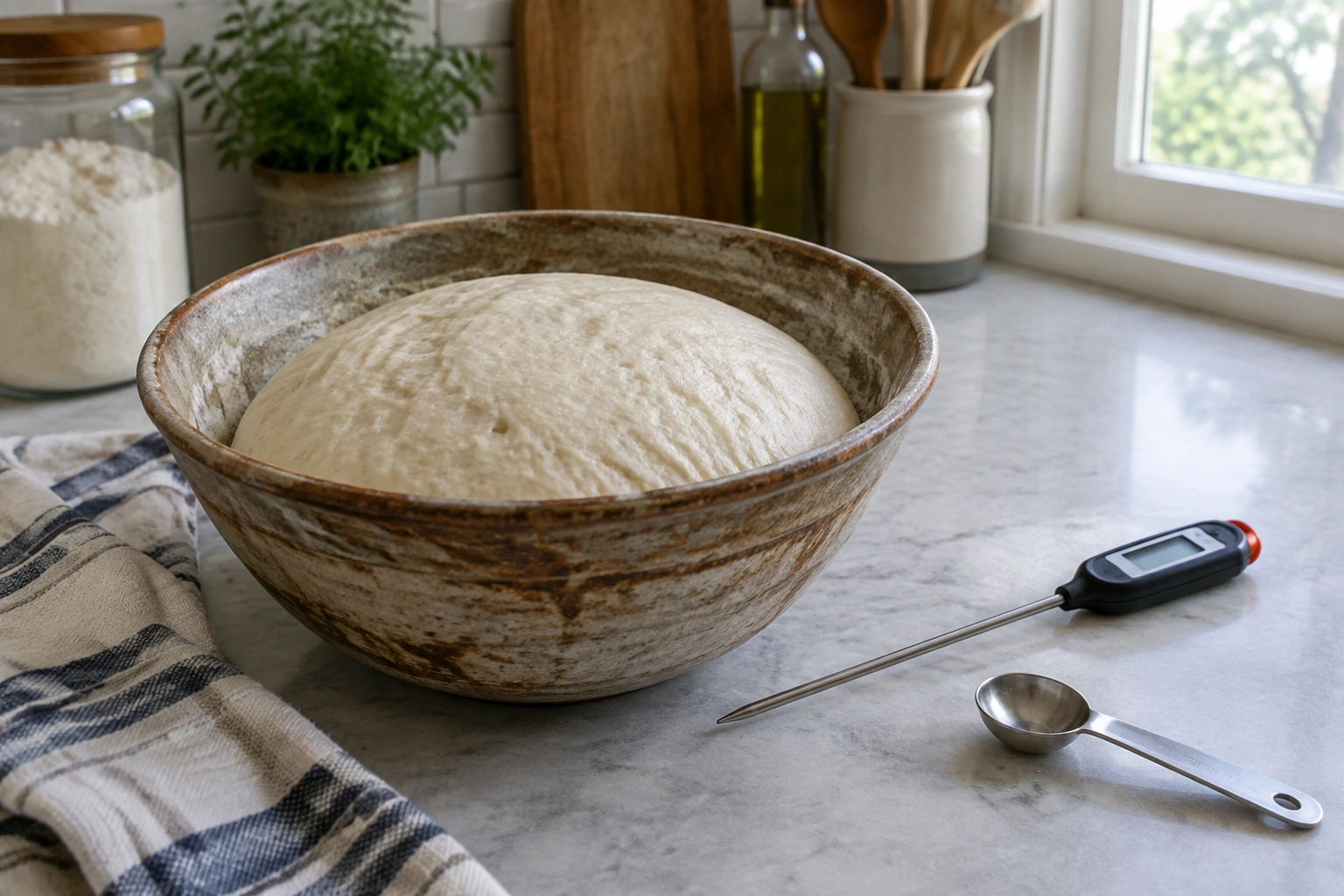 Dough rising in a bowl with a thermometer nearby