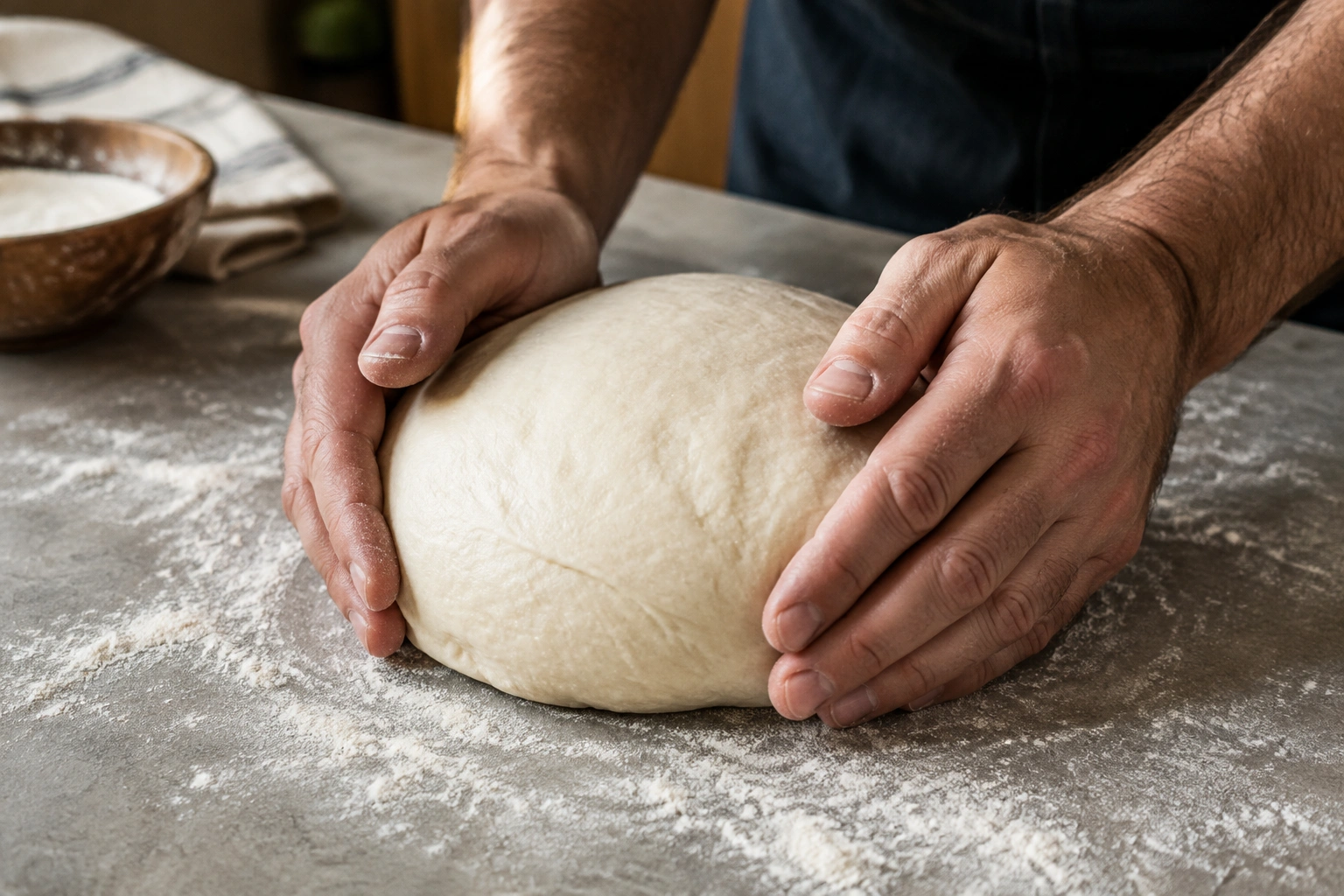 Hands shaping smooth bread dough on a lightly floured bench