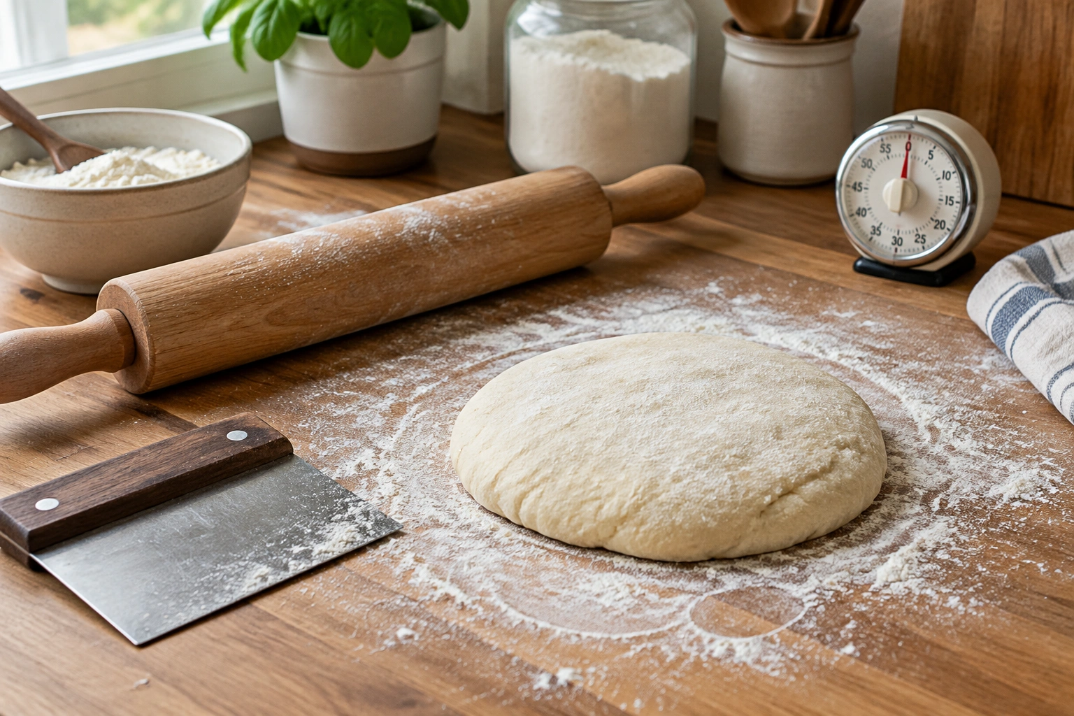 Rolling pin, bench scraper, and dough on a work surface